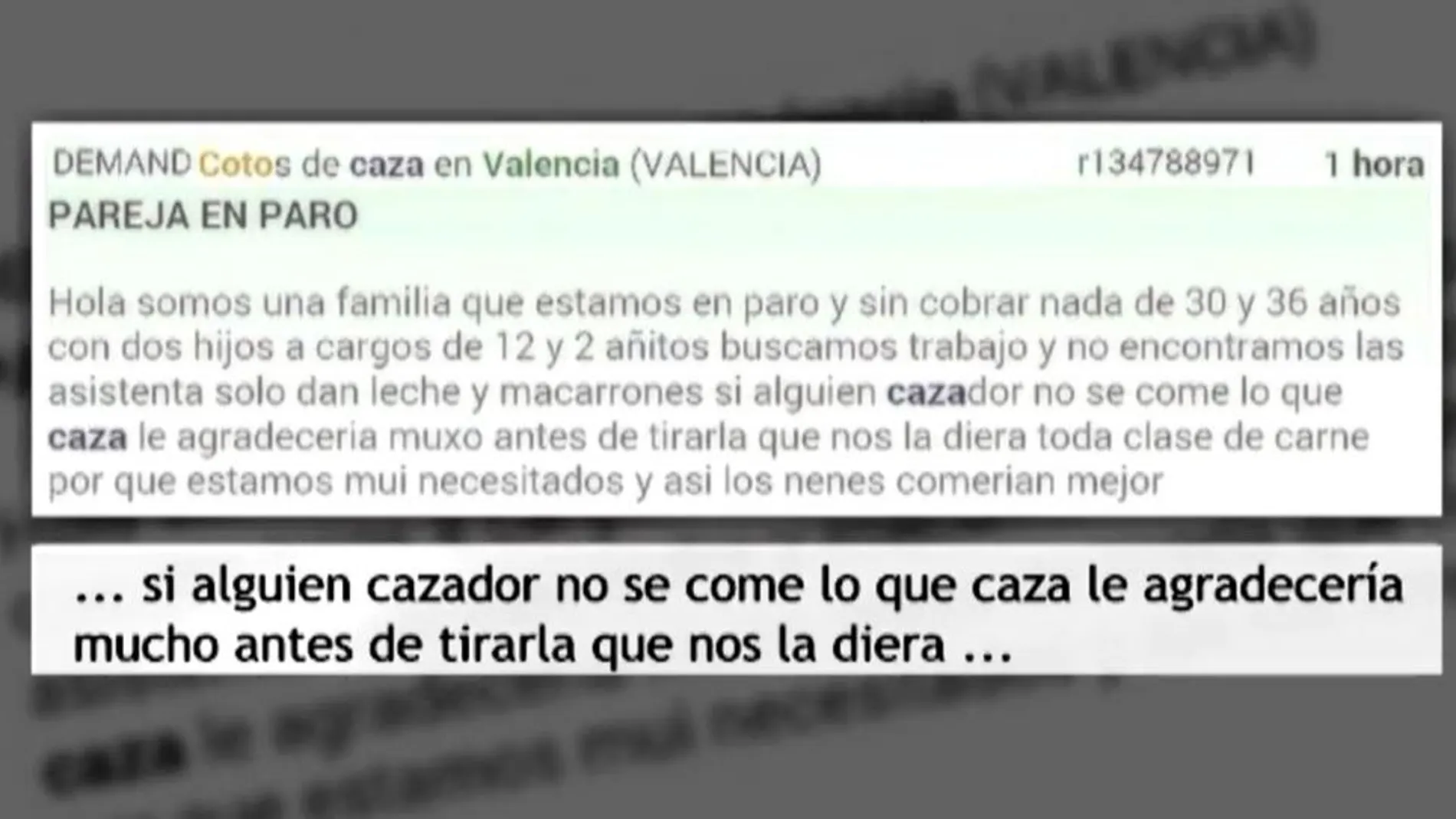 Un anuncio por palabras para pedir carne de caza para sus hijos