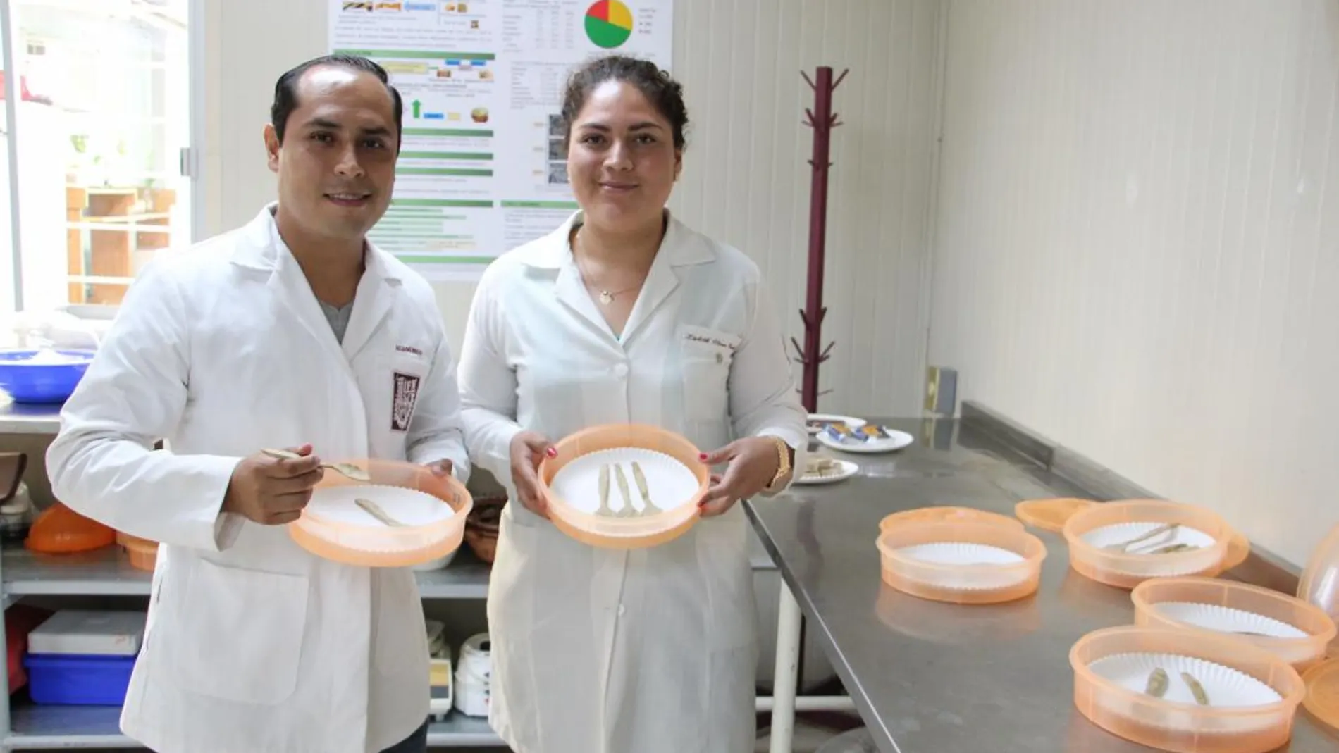 Científicos mexicanos mientras muestran cubiertos comestibles elaborados con salvado de arroz, ingrediente que otorga a la invención importantes propiedades nutricionales / Efe