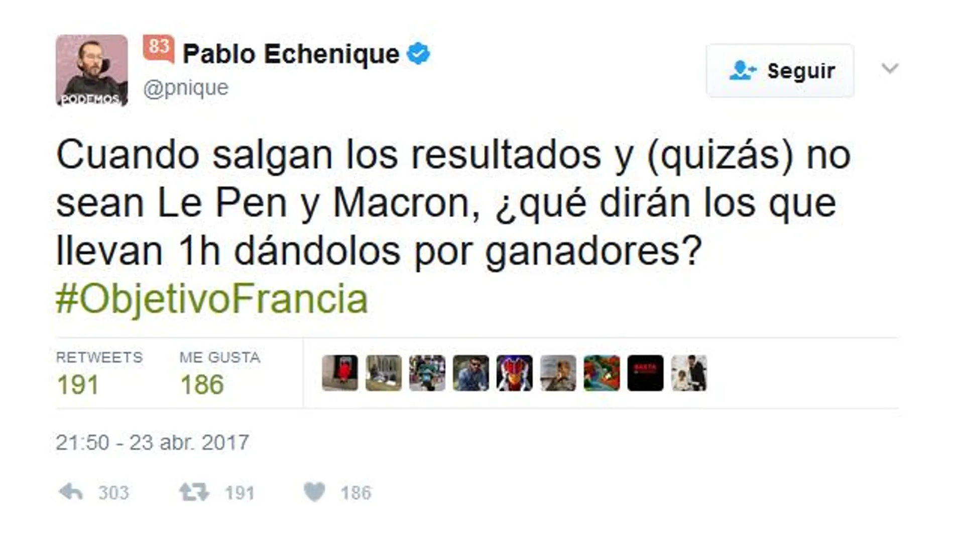 El tuit de Echenique sobre las elecciones francesas que causa hilaridad en la red