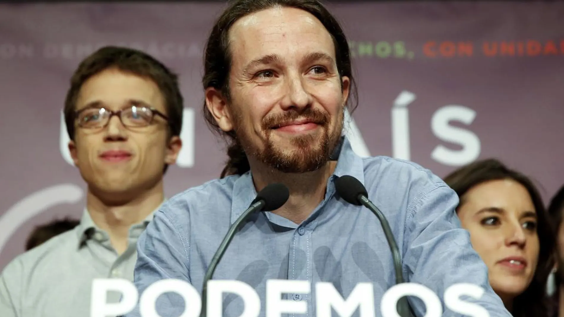 Pablo Iglesias, candidato de Podemos a la Presidencia del Gobierno, durante su comparecencia para valorar los resultados electorales