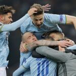 Los jugadores del Celta celebran su segundo gol ante el Krasnodar.