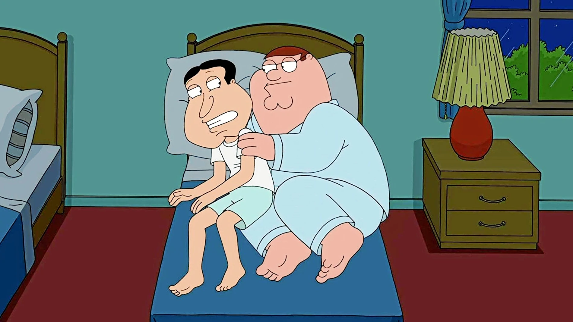 Imagen de un episodio de «Padre de familia», en el que el protagonista, Peter Griffin, (a la dcha.), duerme con un amigo