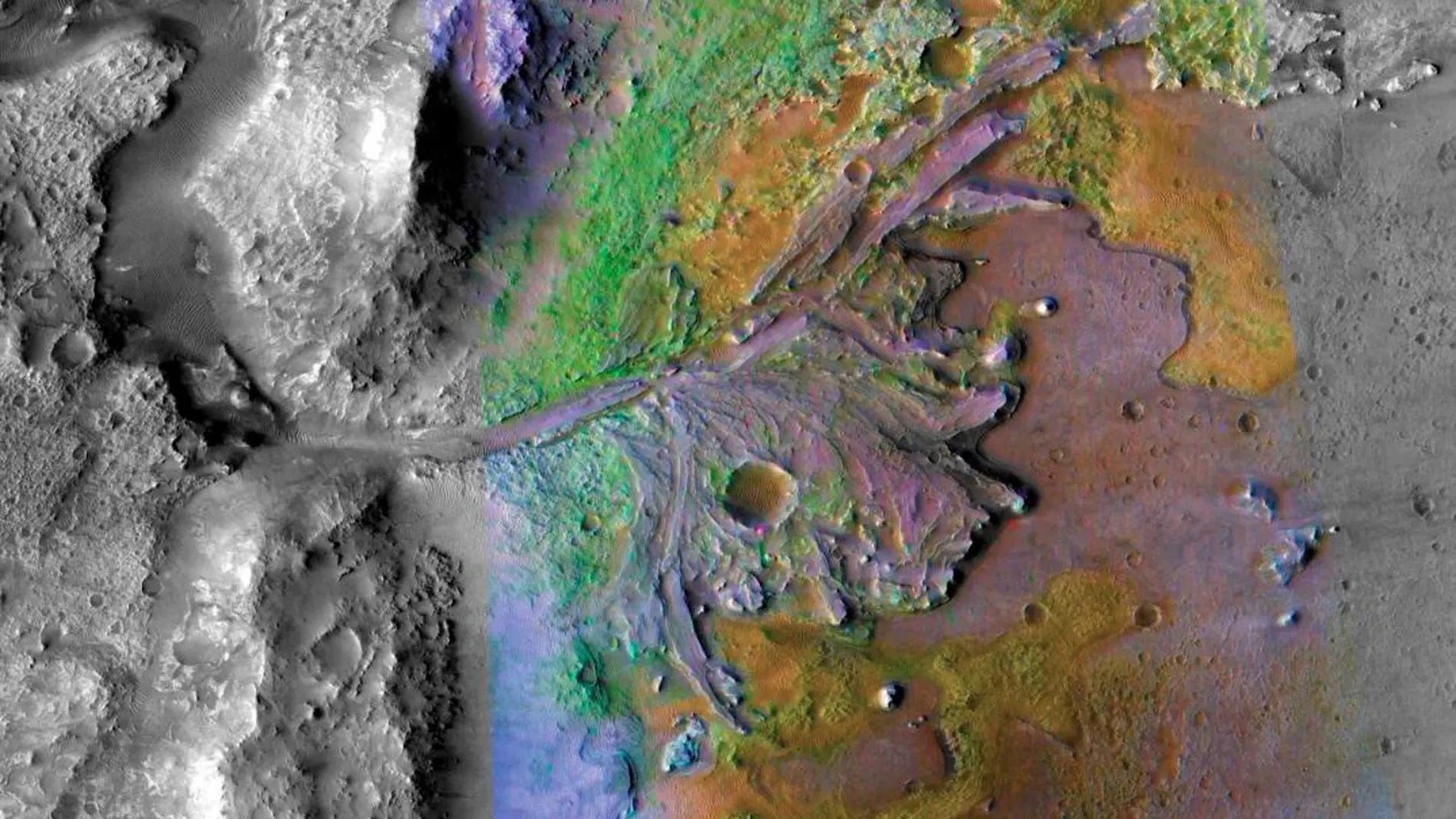 Imagen que combina información del espectrómetro compacto de imágenes de reconocimiento y la cámara de contexto, donde se muestra el delta del cráter de Jezero