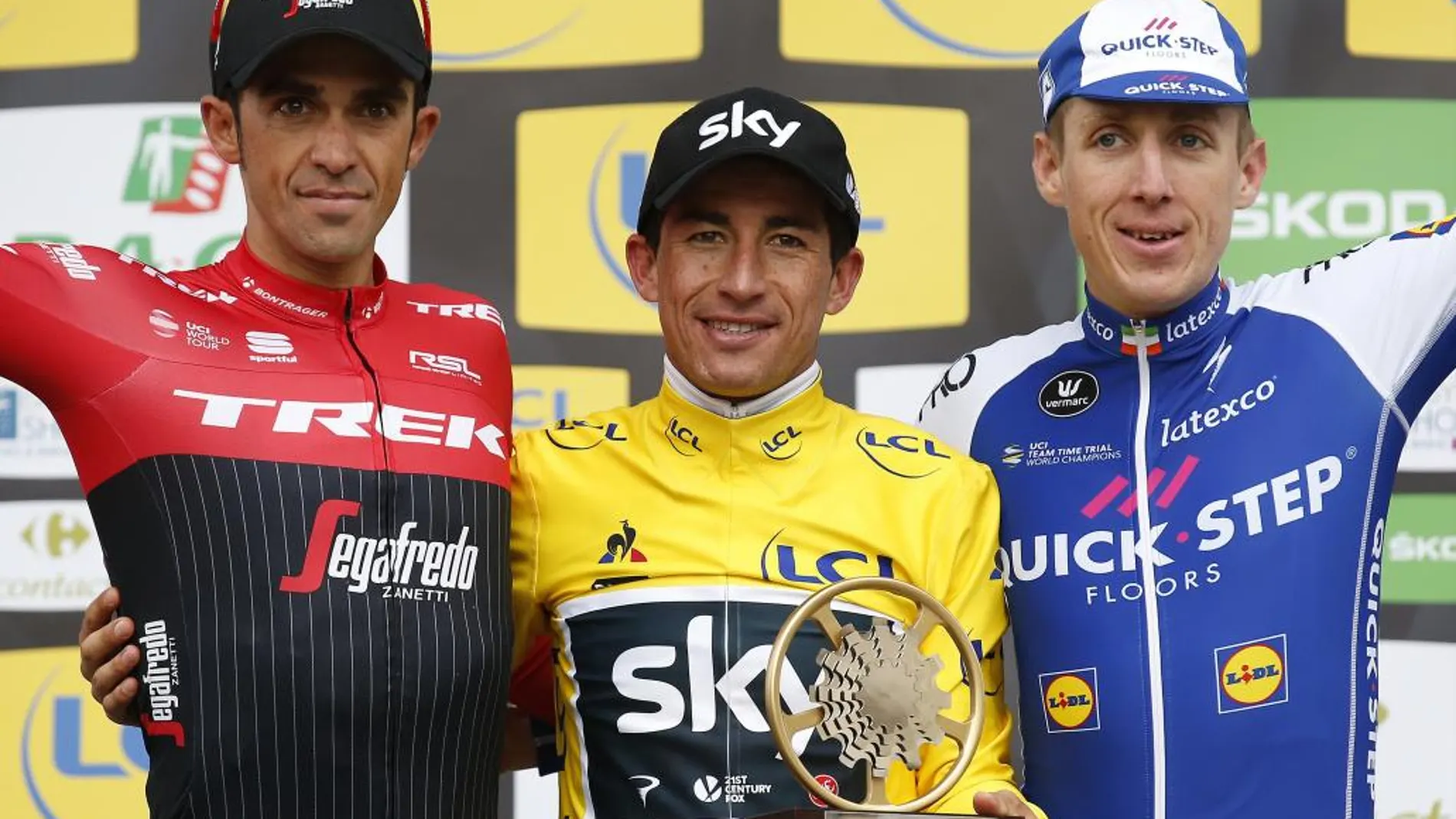 Alberto Contador (Trek), Sergio Henao (Sky) y David De La Cruz (Quick Step)