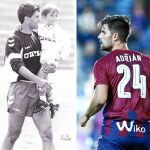 Míchel, con su hijo Adrián en brazos durante un entrenamiento. A la derecha, Adrián, con el Eibar