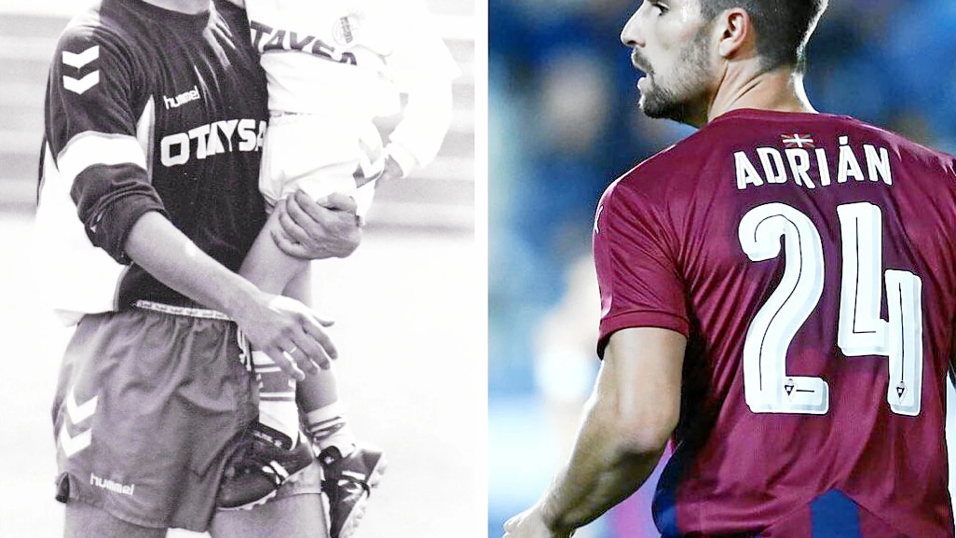 Míchel, con su hijo Adrián en brazos durante un entrenamiento. A la derecha, Adrián, con el Eibar