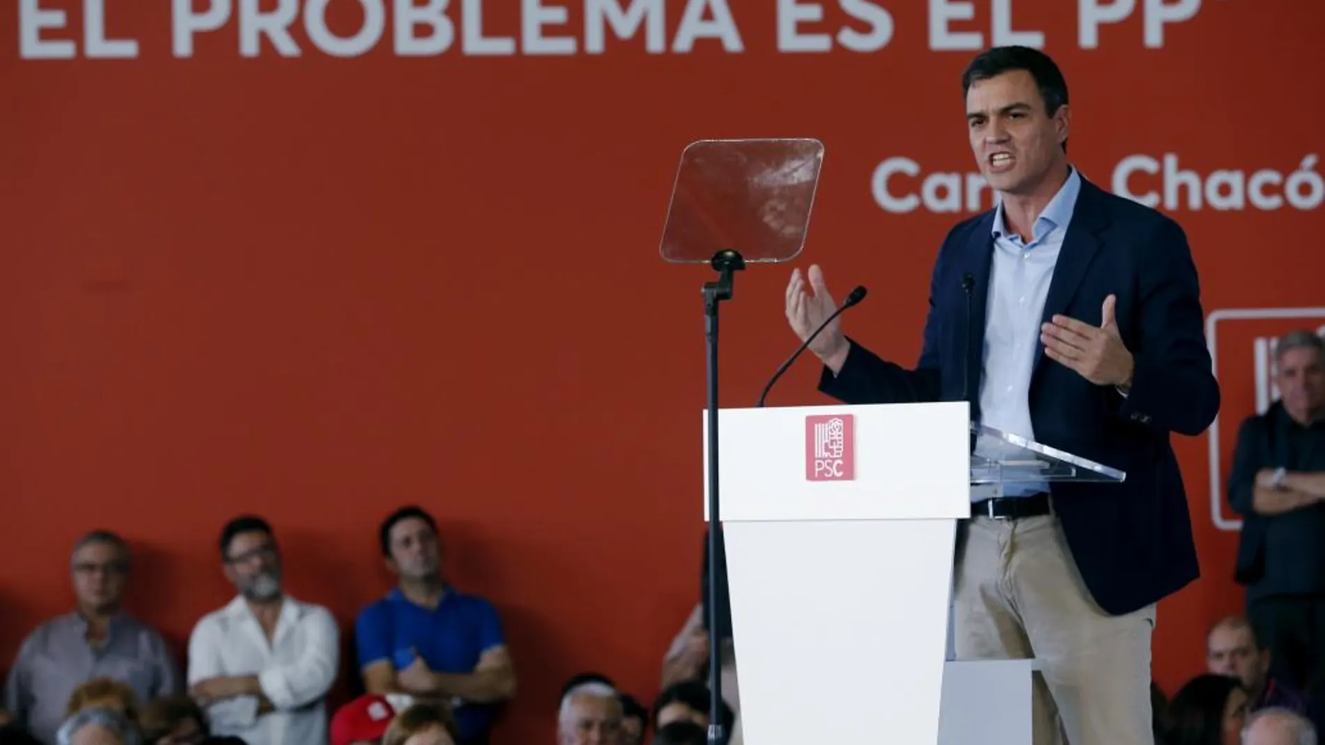 El secretario general del PSOE, Pedro Sánchez, durante su intervención en el acto de presentación de las candidaturas del PSC a las próximas elecciones generales