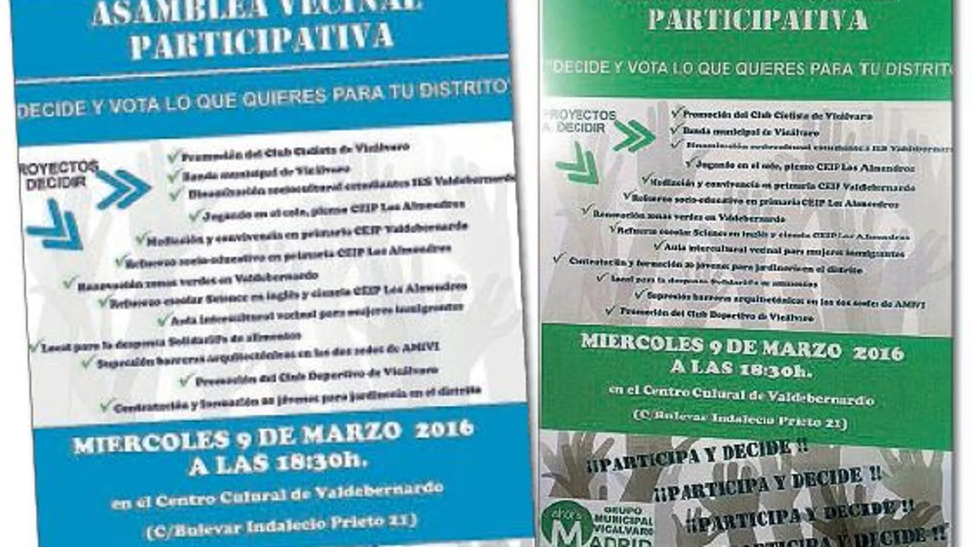 Los dos carteles, prácticamente idénticos, salvo en el color y en los logos del ángulo inferior izquierdo, con los que el Gobierno local convoca como Ayuntamiento y como partido