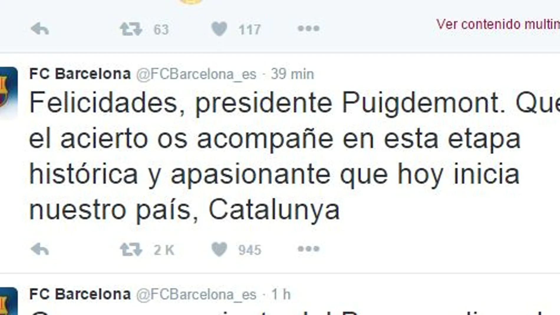 El Barça felicita al presidente de su «país, Catalunya»
