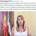 Susana Díaz celebró en un vídeo –en el que no aparece la bandera de la UE– la puesta en marcha de estos planes de empleo.