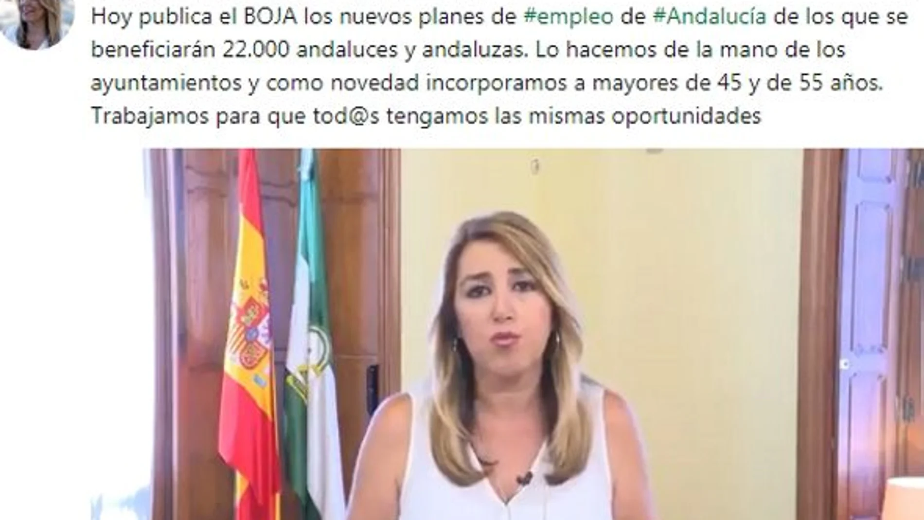 Susana Díaz celebró en un vídeo –en el que no aparece la bandera de la UE– la puesta en marcha de estos planes de empleo.