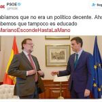 En Twitter el PSOE criticó el gesto de Rajoy: «Sabíamos que no era decente, ahora, además, maleducado».