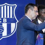 Ousmane Dembélé durante su presentación en Barcelona