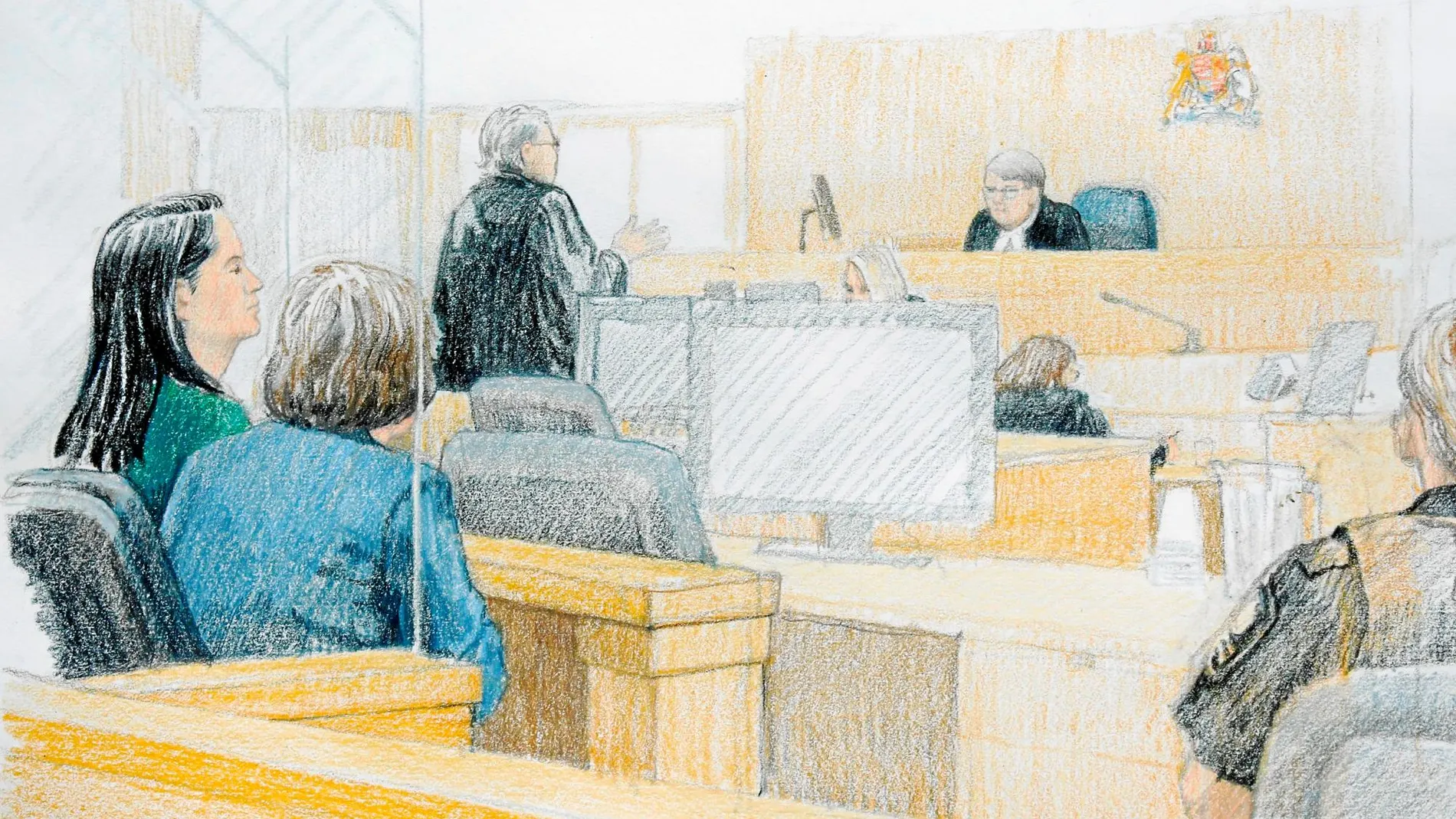 Dibujo de la comparecencia de la vicepresidenta de Huawei, Sabrina Meng Wanzhou, en una corte de Canadá, donde fue detenida