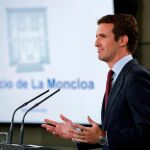 El líder del PP, Pablo Casado, durante su comparecencia tras ser recibido por el presidente del Gobierno en funciones, Pedro Sánchez / Foto: Efe