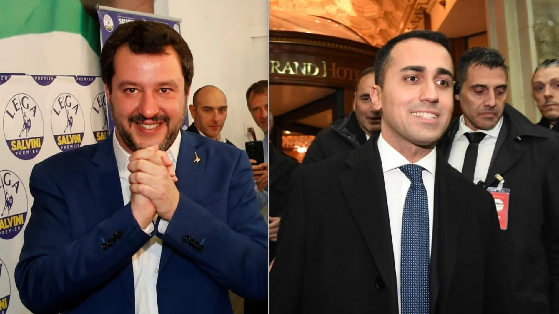 Matteo Salvini, líder de la Liga (izq) y Luigi Di Maio, líder del Movimiento 5 Estrellas (dcha). Candidatos a Primer Ministro italiano