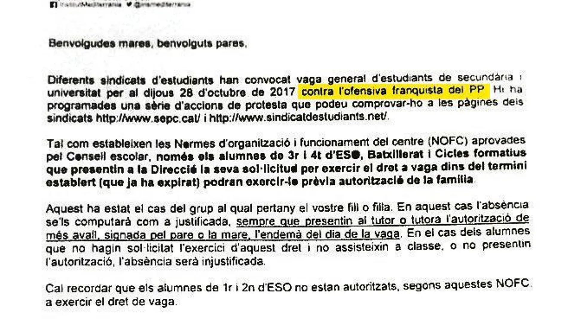 La Generalitat: «Contra la ofensiva franquista del PP».