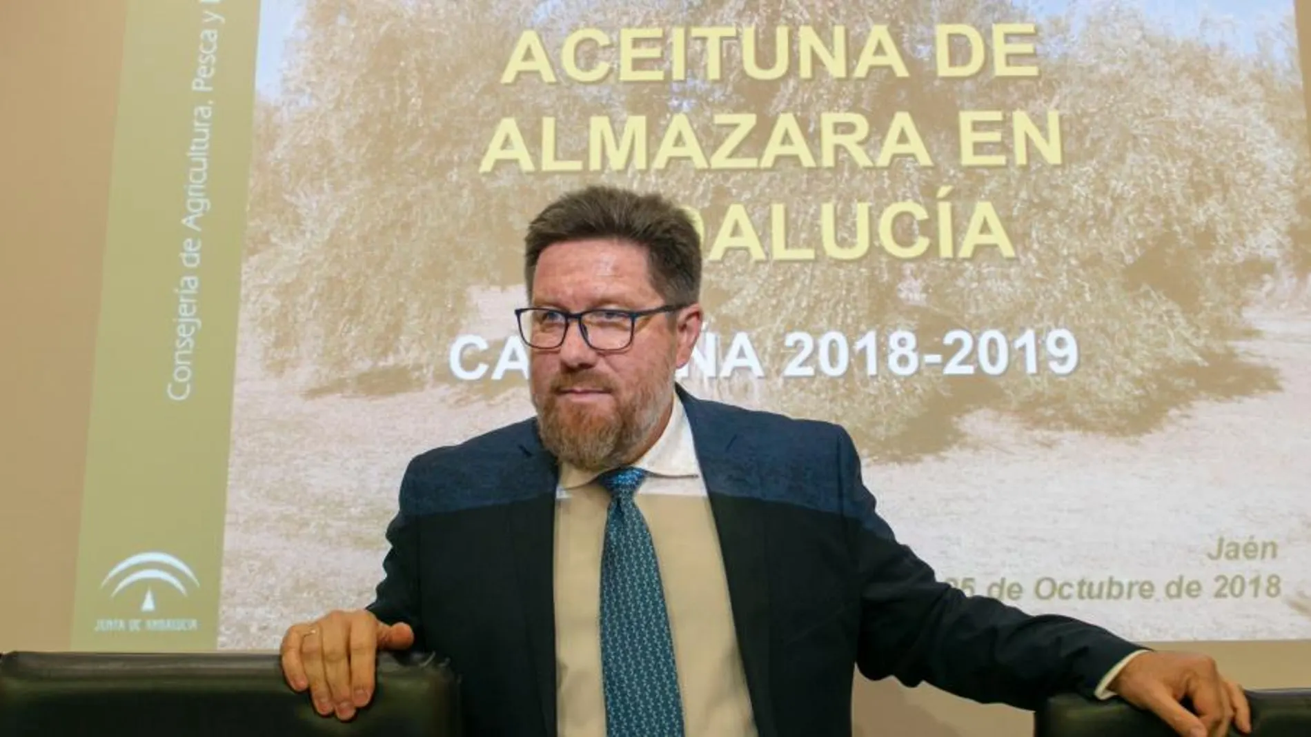 El consejero de Agricultura, Pesca y Desarrollo Rural, Rodrigo Sánchez Haro, durante la reunión del aforo del aceite de oliva, ayer en Jaén/ Foto: Efe