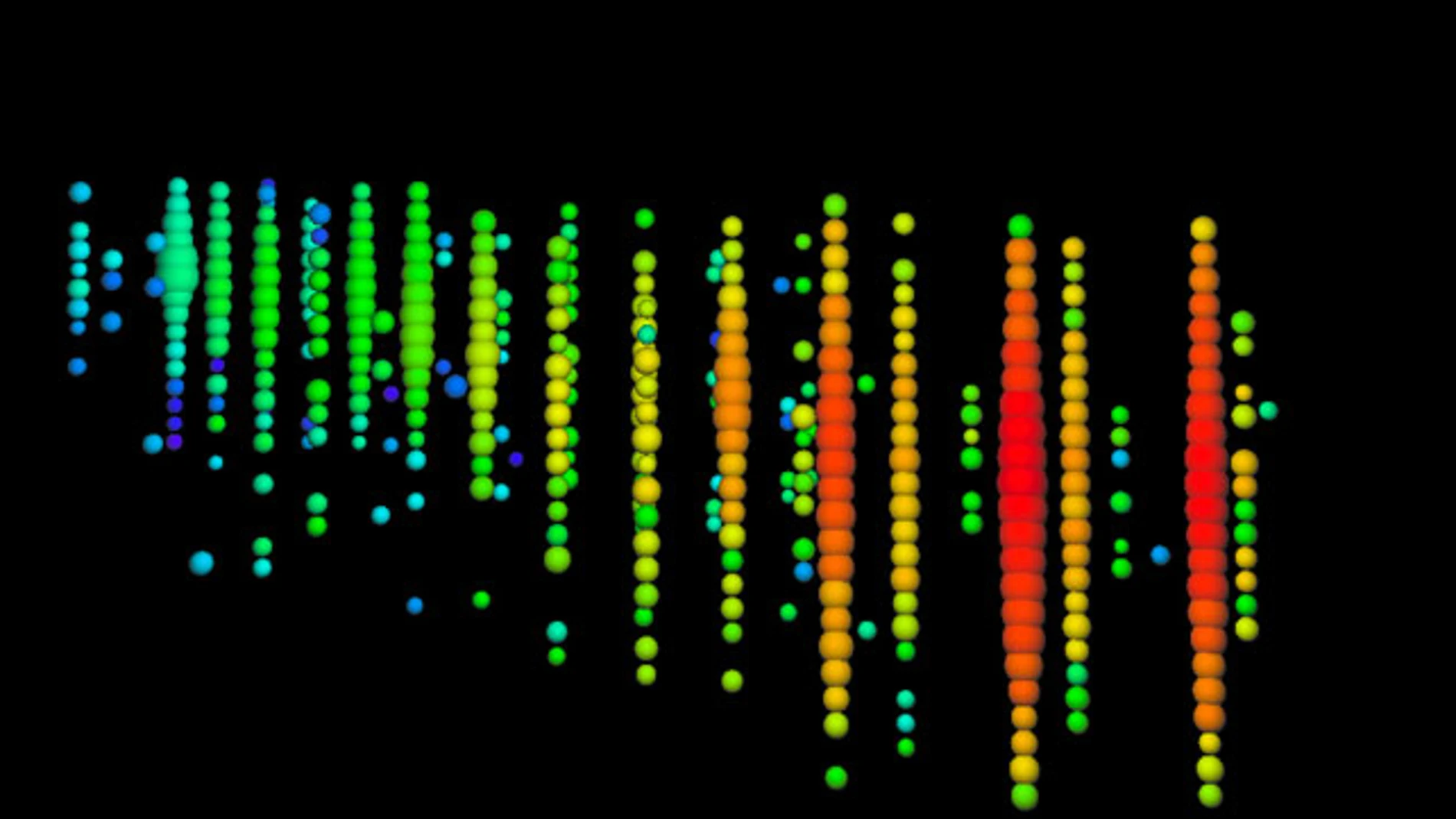 Esta exhibición de eventos, del neutrino de alta energía detectado por IceCube el 22 de septiembre de 2017, muestra un muón, creado por la interacción de un neutrino con el hielo muy cerca de IceCube, que deja una pista de luz al cruzar el detector. En esta pantalla, la luz recogida por cada sensor se muestra con una esfera de color. El degradado de color, de rojo a verde / azul, muestra la secuencia de tiempo. Crédito: colaboración IceCube