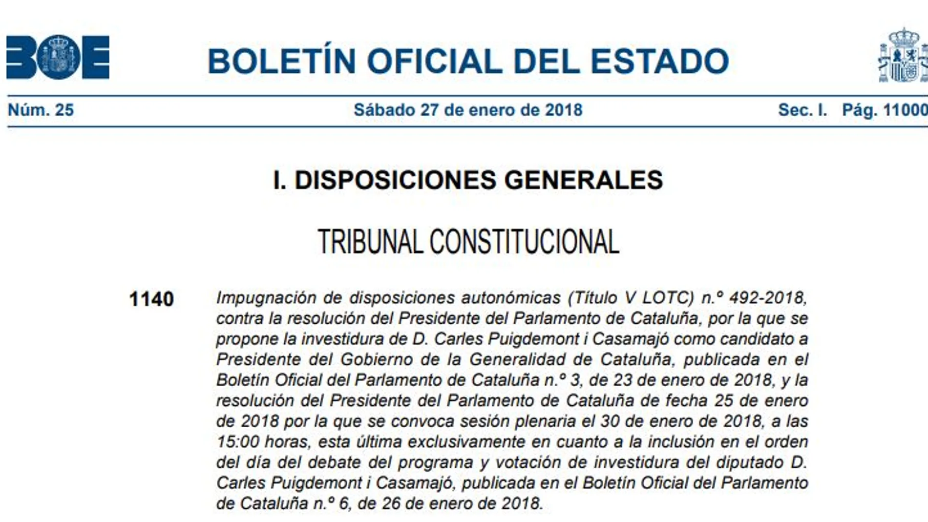 El BOE publica el auto del TC sobre la investidura de Puigdemont