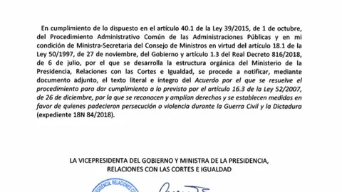 Primera página del acuerdo remitido a la familia de Franco