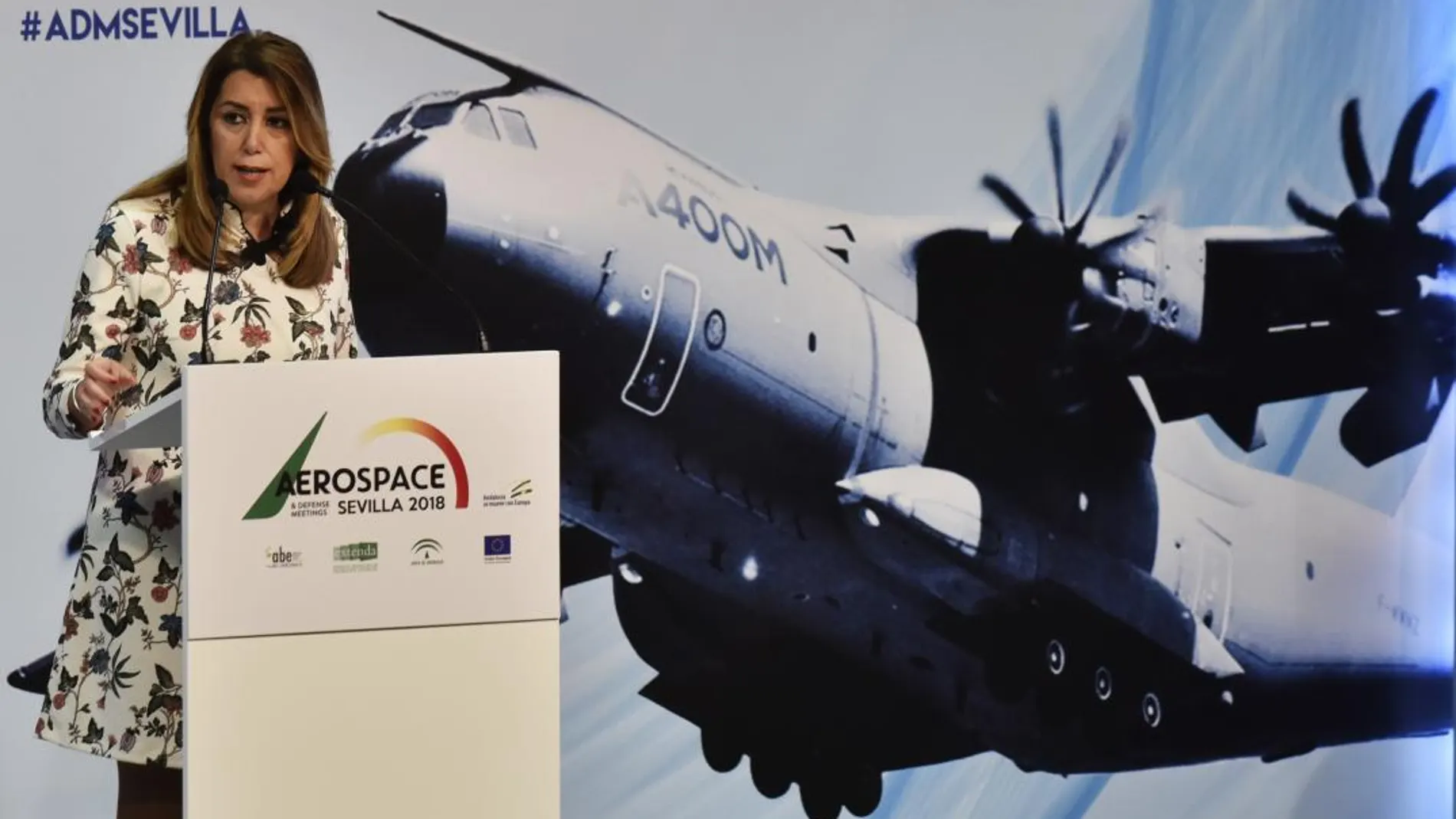 La presidenta de la Junta de Andalucía, Susana Díaz, durante la inauguración de la IV edición de la Aerospace & Defence Meetings-ADM 2018, en Sevilla
