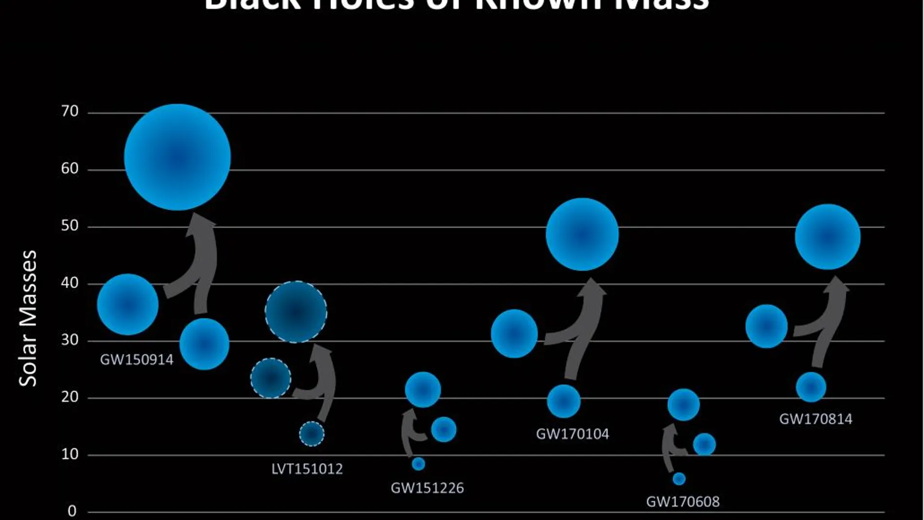 Ilustracíón de la distribución de las masas de la fusión de agujeros negros y estrellas de neutrones, en los seis casos de detección de ondas gravitacionales. La segunda de la derecha corresponde a la última detección GW170608 (LIGO / Caltech / Sonoma State - Aurore Simonnet)
