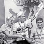 De izquierda a derecha, Janssen, Eddy Merx, y el español Ramón Sáez, el podio del Mundial de 1967