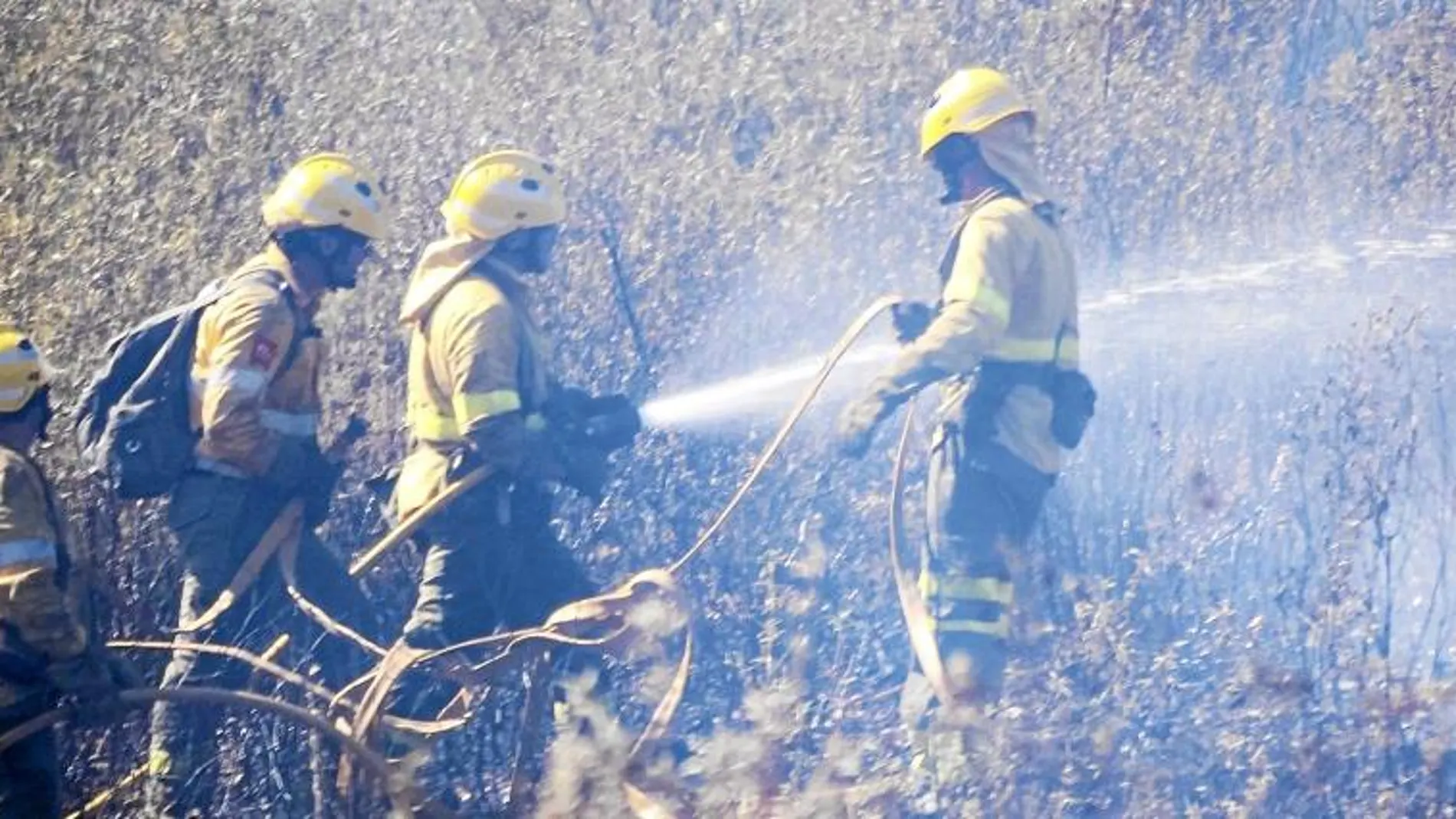 Efectivos de lucha contra el fuego, en el incendio de este verano en Nerva