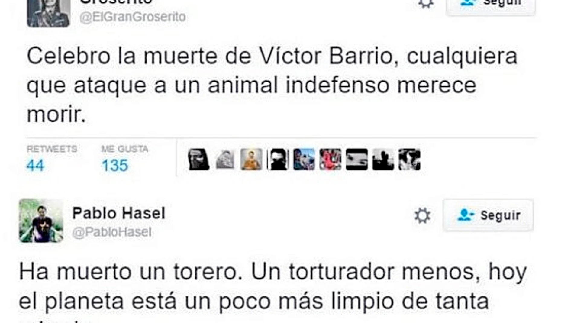 Algunos ejemplos de tuits que celebraban la muerte del torero Víctor Barrio