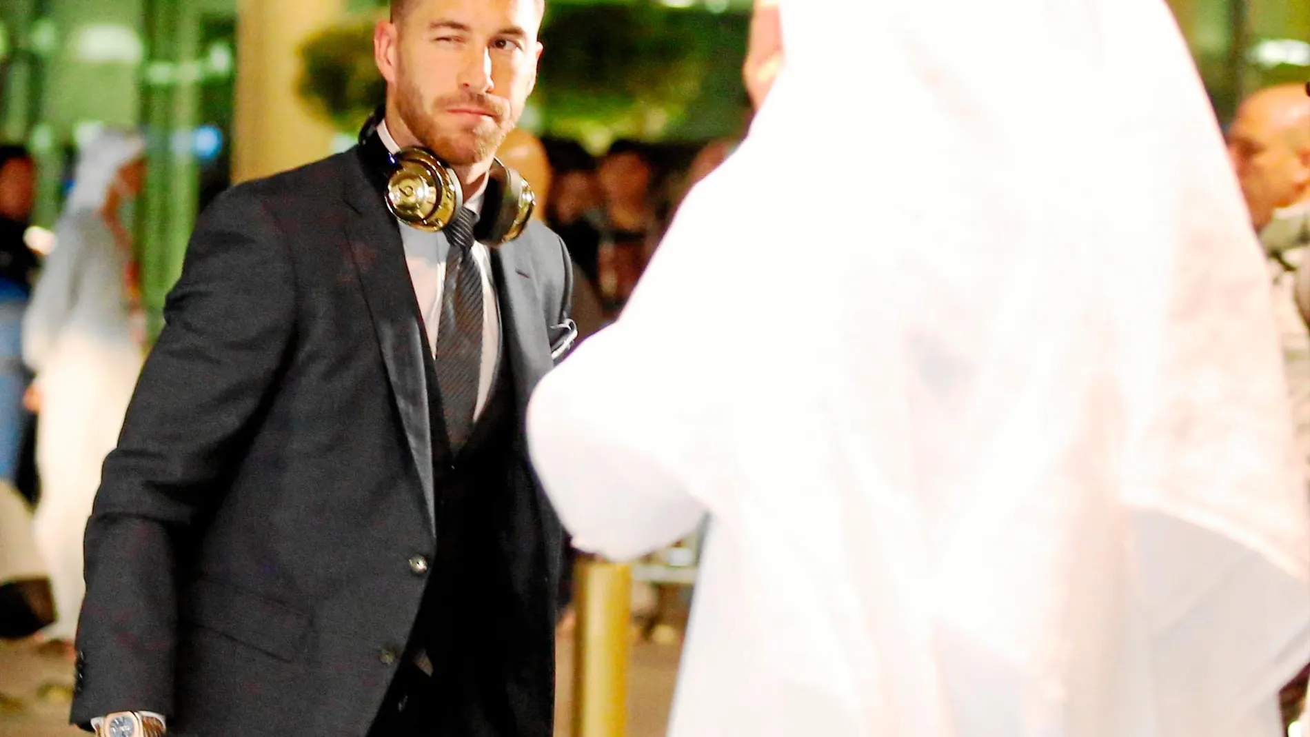 Sergio Ramos, el capitán del Real Madrid, en su llegada ayer a Abu Dabi