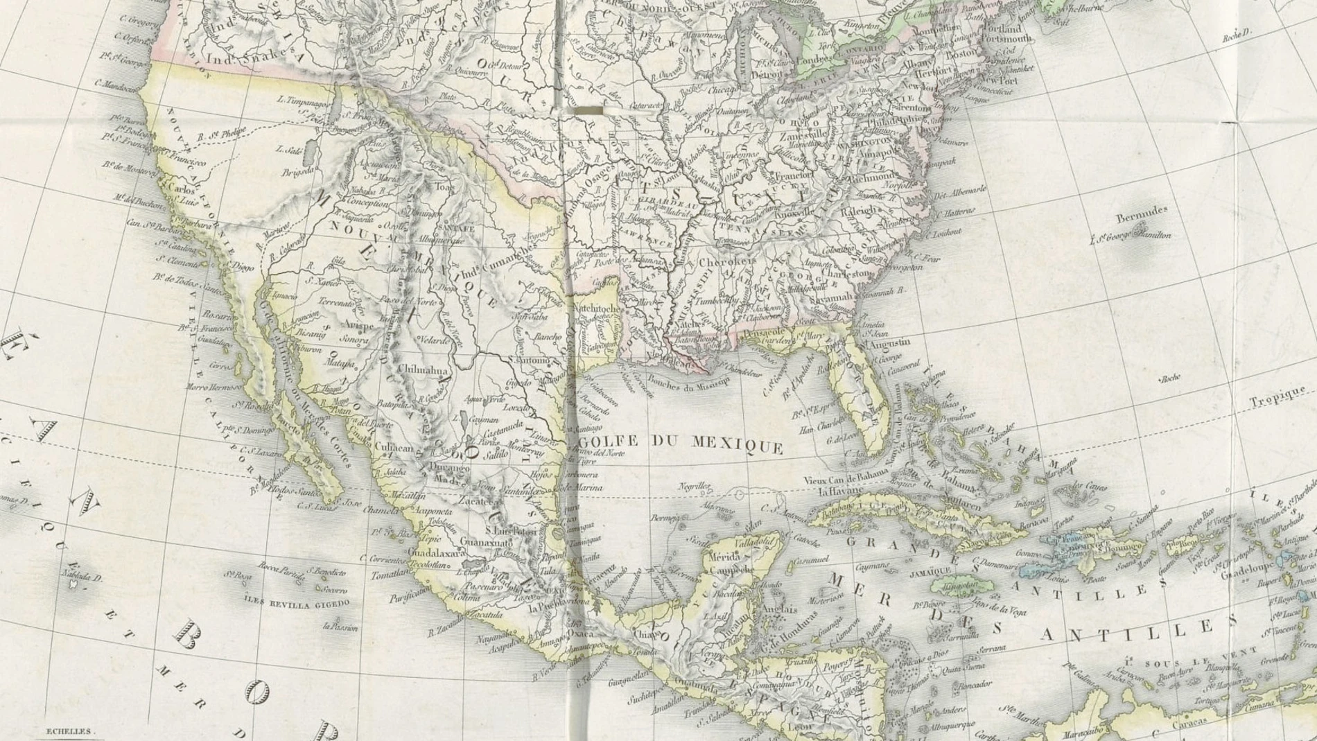 Mapa francés de 1820 de la «América septentrional» en el libro de Luis de Onís que conserva la Biblioteca Nacional