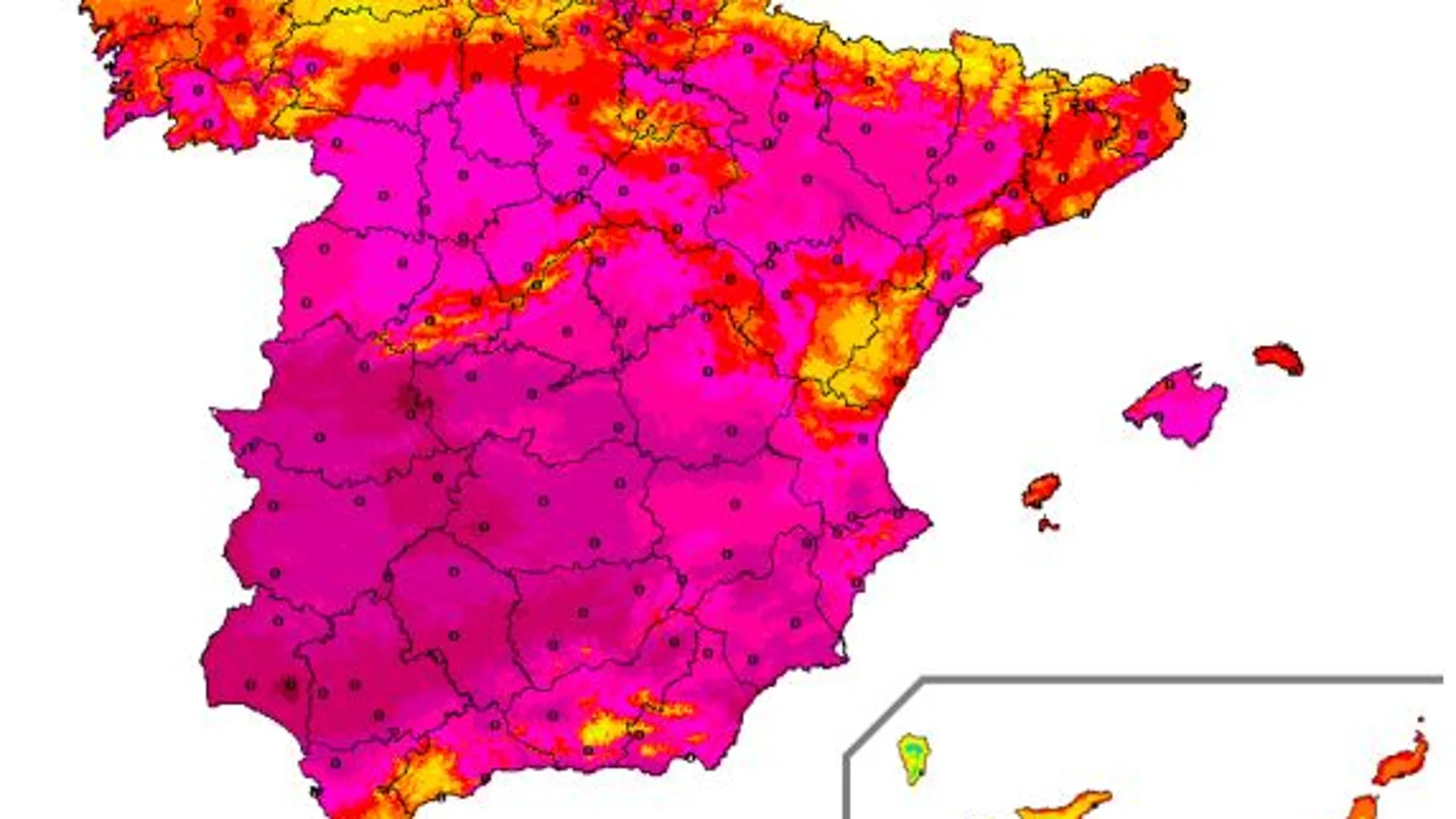 Percentil del 95 por ciento de las temperaturas máximas de julio y agosto (1971-2000)