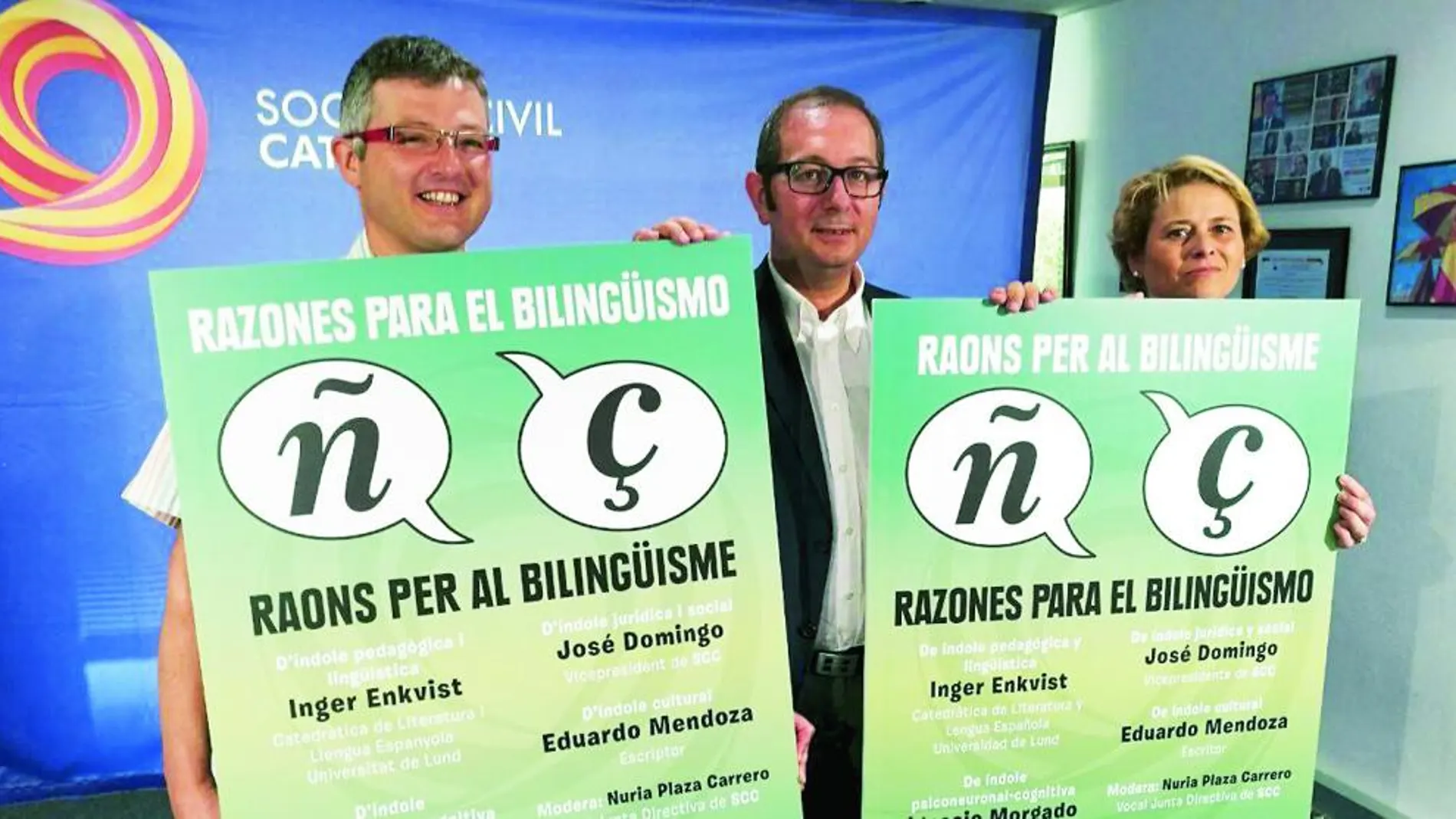 Joaquim Coll, Rafael Arenas y Núria Plaza, ayer en la presentación del acto a favor del bilingüismo.