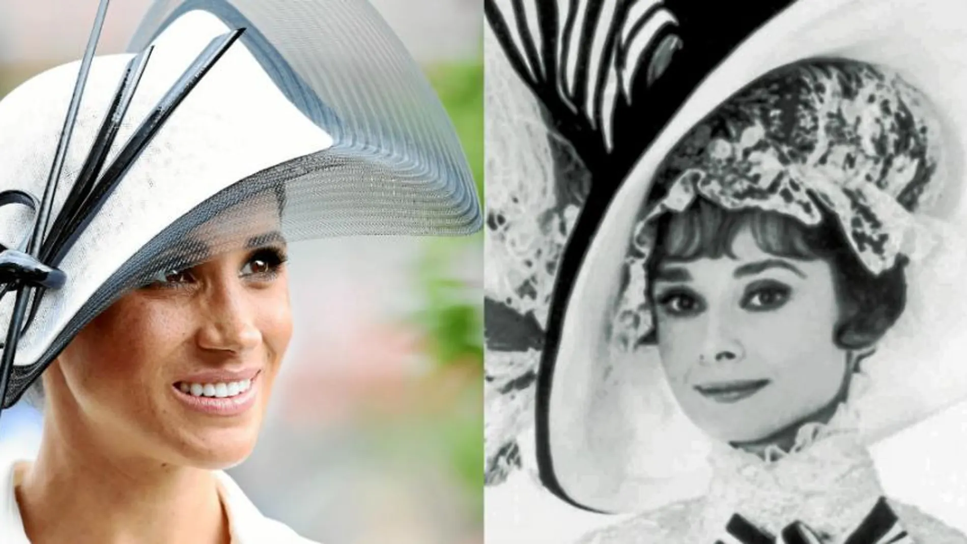 Este atuendo con sombrero que Markle lució en Ascot recuerda al que Audrey Hepburn (a la derecha) llevó en el filme «My Fair Lady»