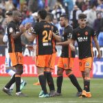 Los jugadores del Valencia celebran el triunfo de 0-1 contra el Leganés. EFE/Ballesteros