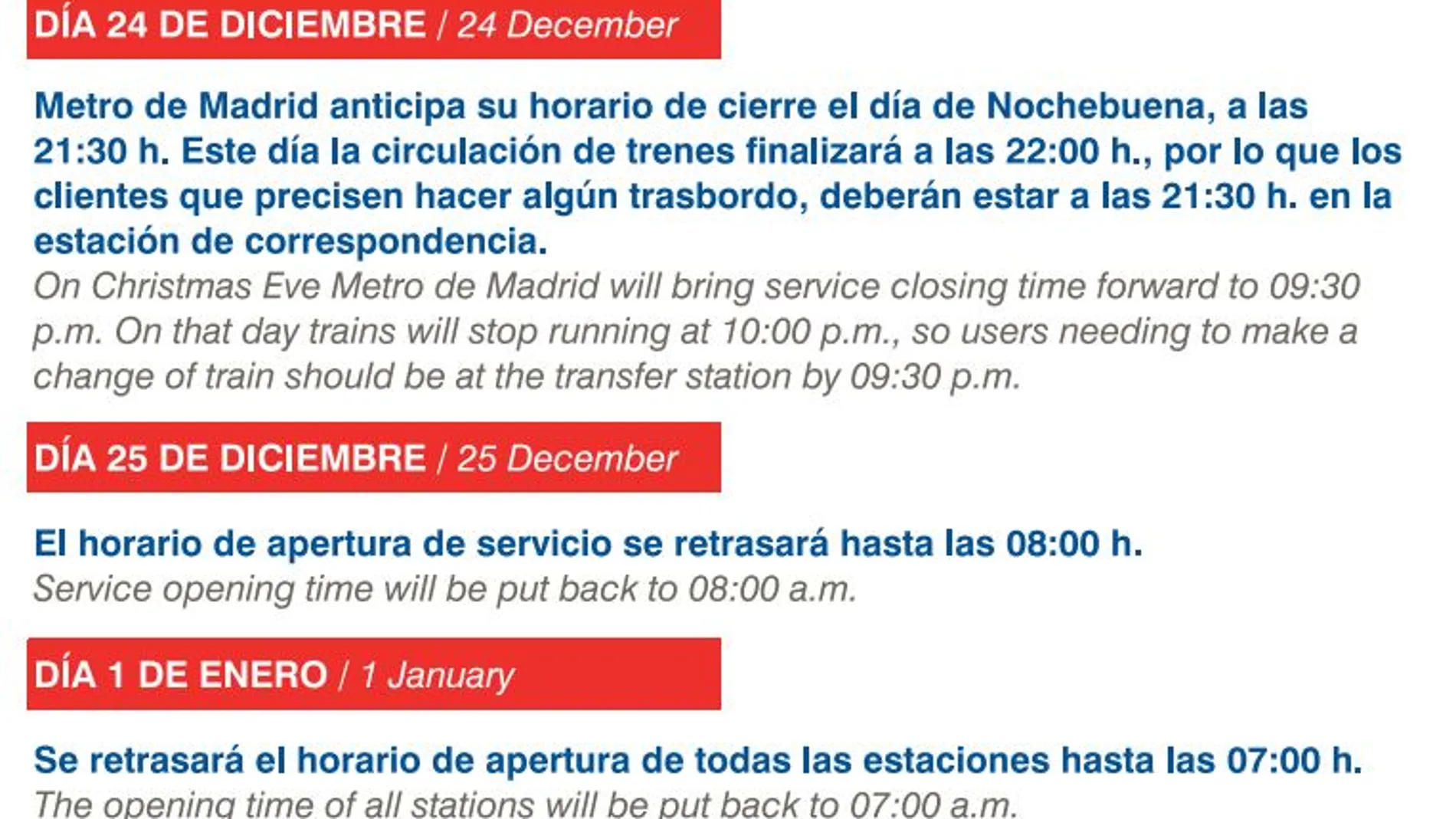 Metro cerrará a las 22 horas en Nochebuena y abrirá a las 8 horas en Navidad
