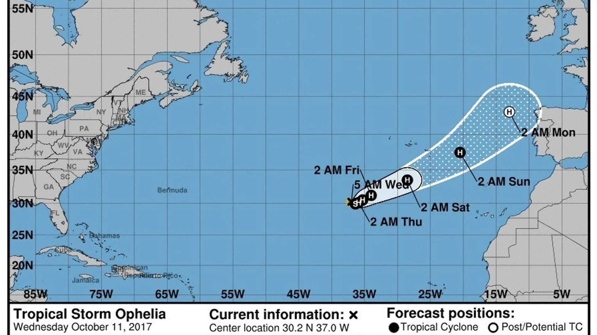 Gráfico que muestra la trayectoria de tres días de la tormenta tropical Ofelia