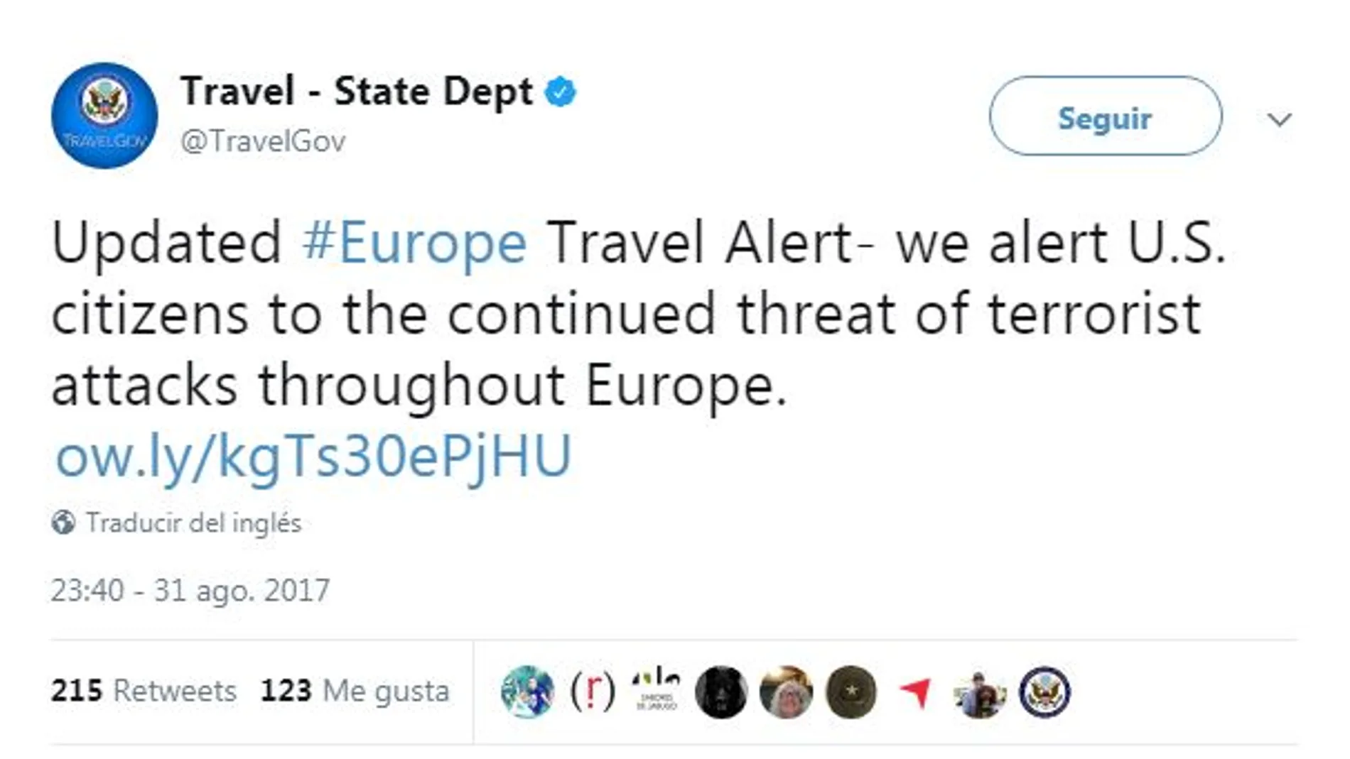 EE UU alerta a sus ciudadanos de la «continua amenaza de ataques terroristas en Europa»