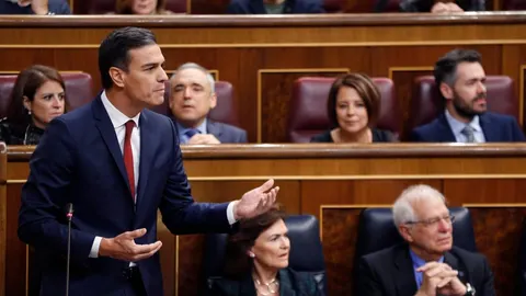El presidente del Gobierno, Pedro Sánchez, durante su intervención en la sesión de control al Gobierno hoy en el pleno del Congreso de los Diputados. Foto: Efe / Javier Lizón