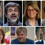 De arriba a abajo y de izquierda a derecha, Jordi Turull, Jordi Sánchez, Elsa Artadi, Carles Puigdemont; Marta Madrenas, Albert Batet y Marc Solsona.