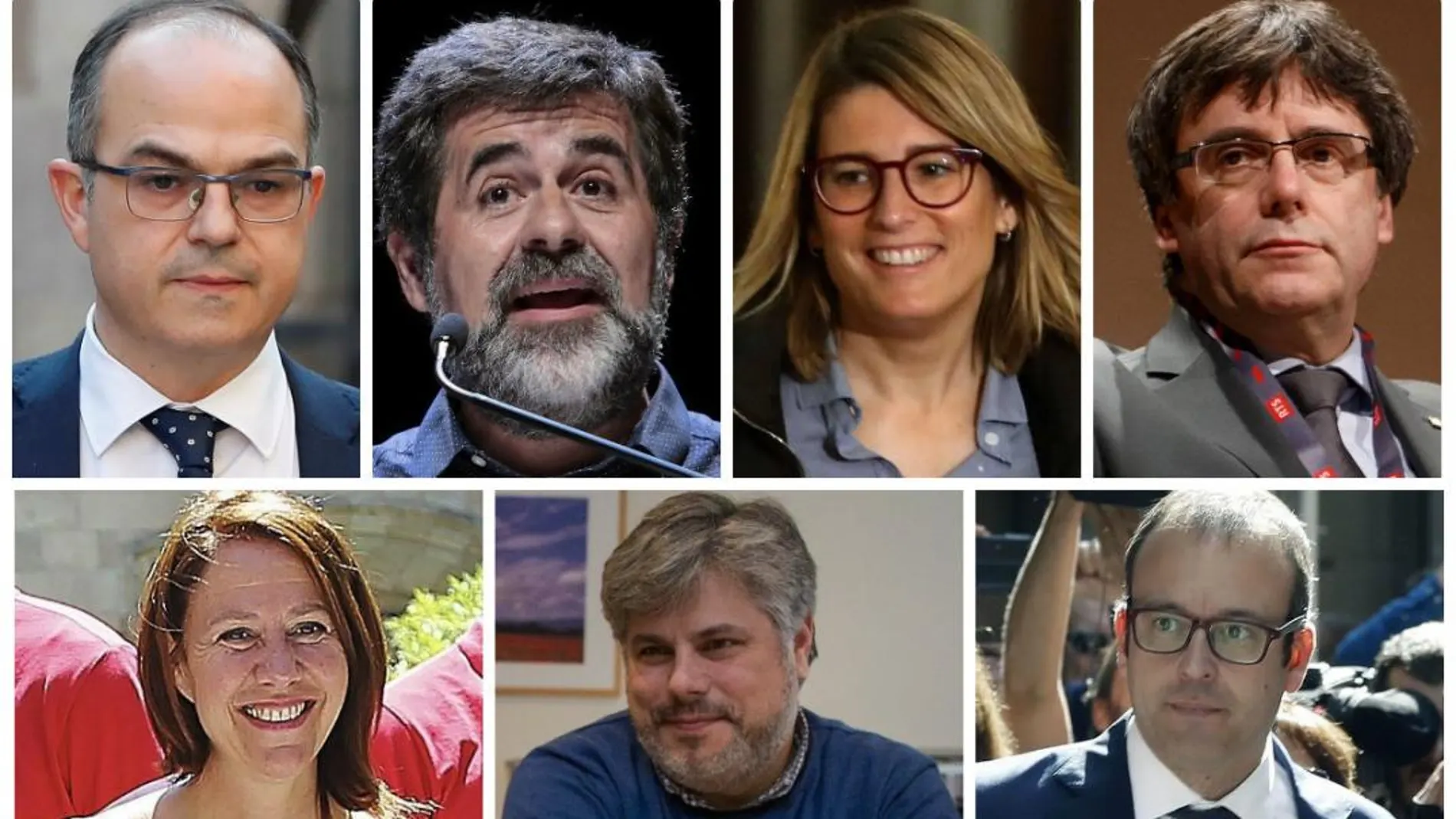 De arriba a abajo y de izquierda a derecha, Jordi Turull, Jordi Sánchez, Elsa Artadi, Carles Puigdemont; Marta Madrenas, Albert Batet y Marc Solsona.