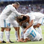 Los jugadores del Real Madrid celebran uno de los goles del pasado miércoles