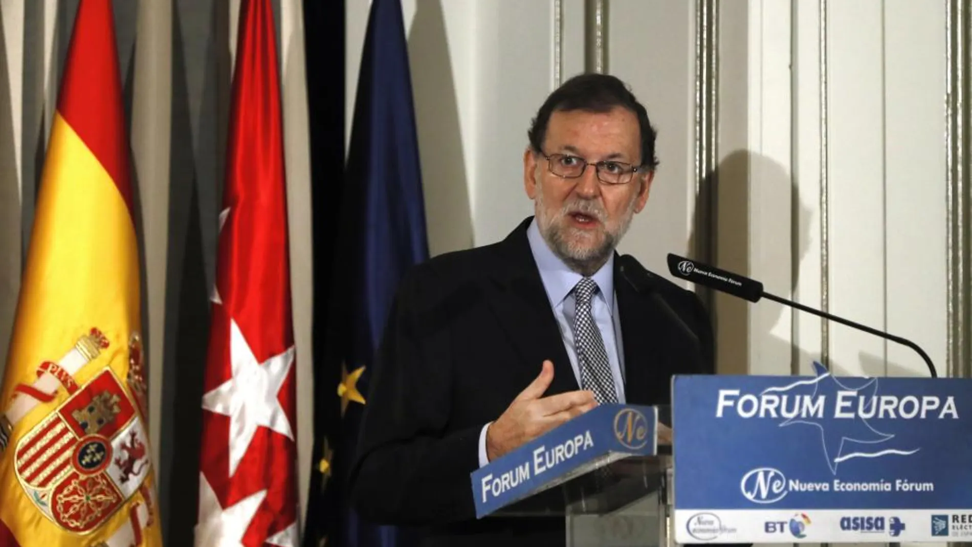 El presidente del Gobierno en funciones, Marino Rajoy, durante su intervención hoy en un desayuno informativo del Fórum Europa.