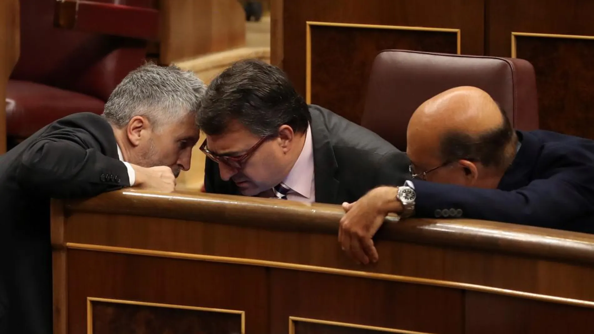 El ministro del Interior, Fernando Grande-Marlaska, conversa con el diputado del PNV Aitor Esteban durante la sesión de control del Congreso este miércoles. EFE/Ballesteros