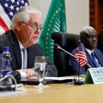 El secretario de Estado de EEUU, Rex Tillerson, en una rueda de prensa conjunta con el presidente de al Comisión de la Unión Africana (UA), Moussa Faki Mahamat