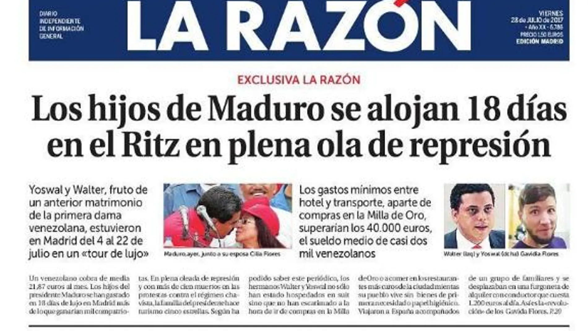 Portada de LA RAZÓN con la exclusiva del viaje a Madrid de los hijastros de Maduro