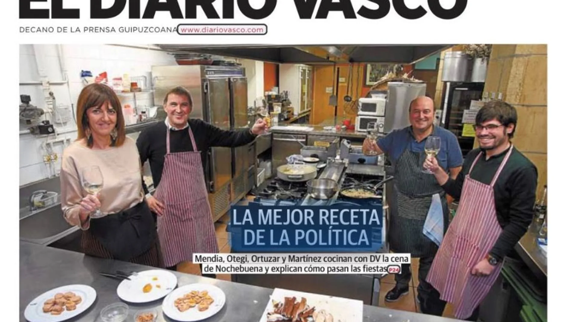 Portada de El Diario Vasco donde aparecen Mendia y Otegi junto a Ortuzar (PNV) y Lander Martínez (Podemos Euskadi)