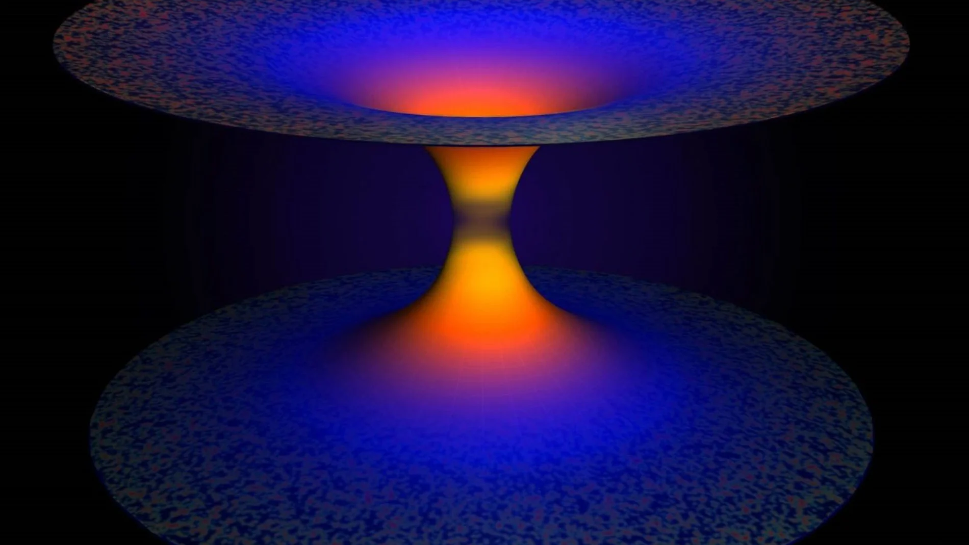 Representación artística de los efectos de gravedad cuántica de bucle en un agujero negro. La mitad inferior de la imagen muestra el agujero negro que, según la relatividad general, atrapa todo, incluida la luz. La gravedad cuántica de bucles, una teoría que extiende la relatividad general de Einstein utilizando la mecánica cuántica, supera este tremendo impulso y libera todo lo que se muestra en la mitad superior de la imagen, resolviendo así el problema fundamental de la singularidad del agujero negro. Crédito: A. Corichi y JP Ruiz. LSU.