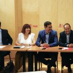 El secretario general del PSOE, Pedro Sánchez (2d), junto a la presidenta, Micaela Navarro (2i); el secretario de Organización, César Luena (d), y el portavoz parlamentario, Antonio Hernando (i), durante la reunión